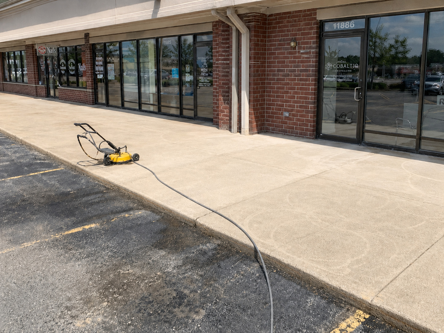 Commercial sidewalk pressure washing with surface cleaner at strip mall – Lawndash Powerwashing Mt. Pleasant Michigan