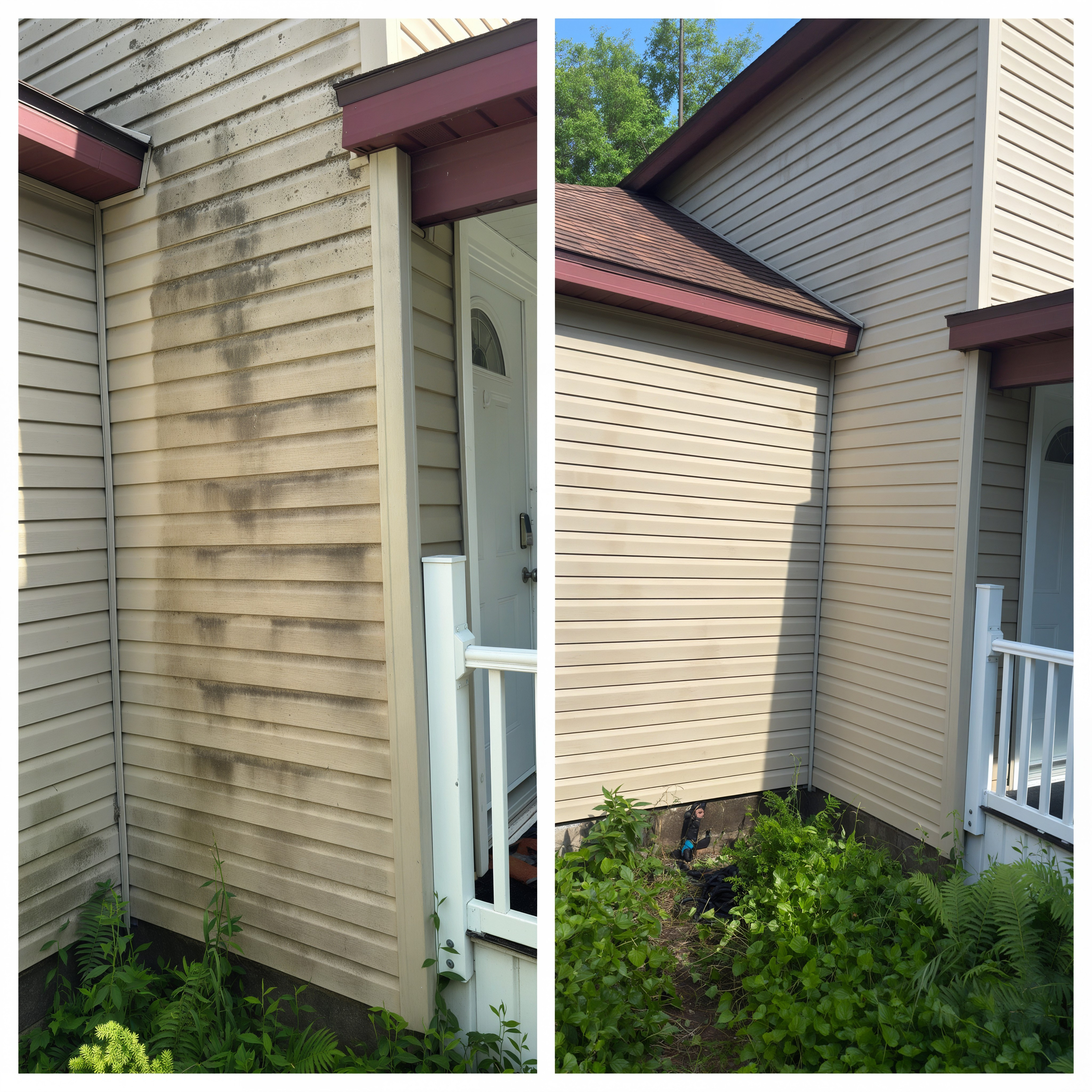 House siding before and after soft wash removing green algae – Lawndash Powerwashing, serving Midland Michigan
