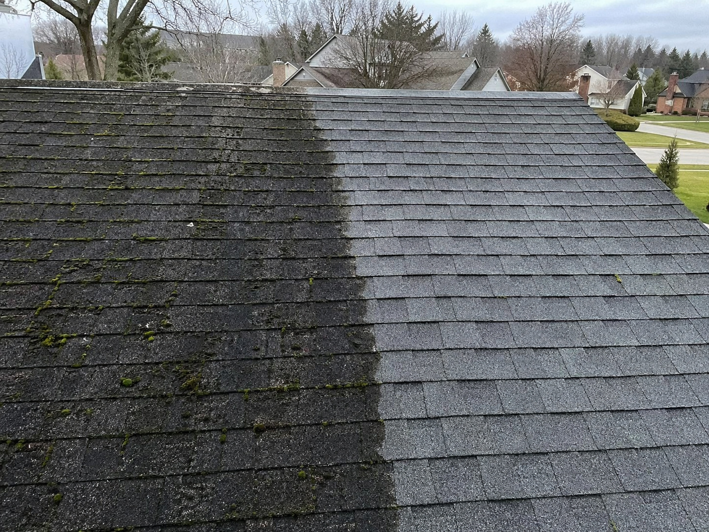 Soft-wash roof cleaning showing clean line on asphalt shingles – Lawndash Powerwashing Mt. Pleasant Michigan